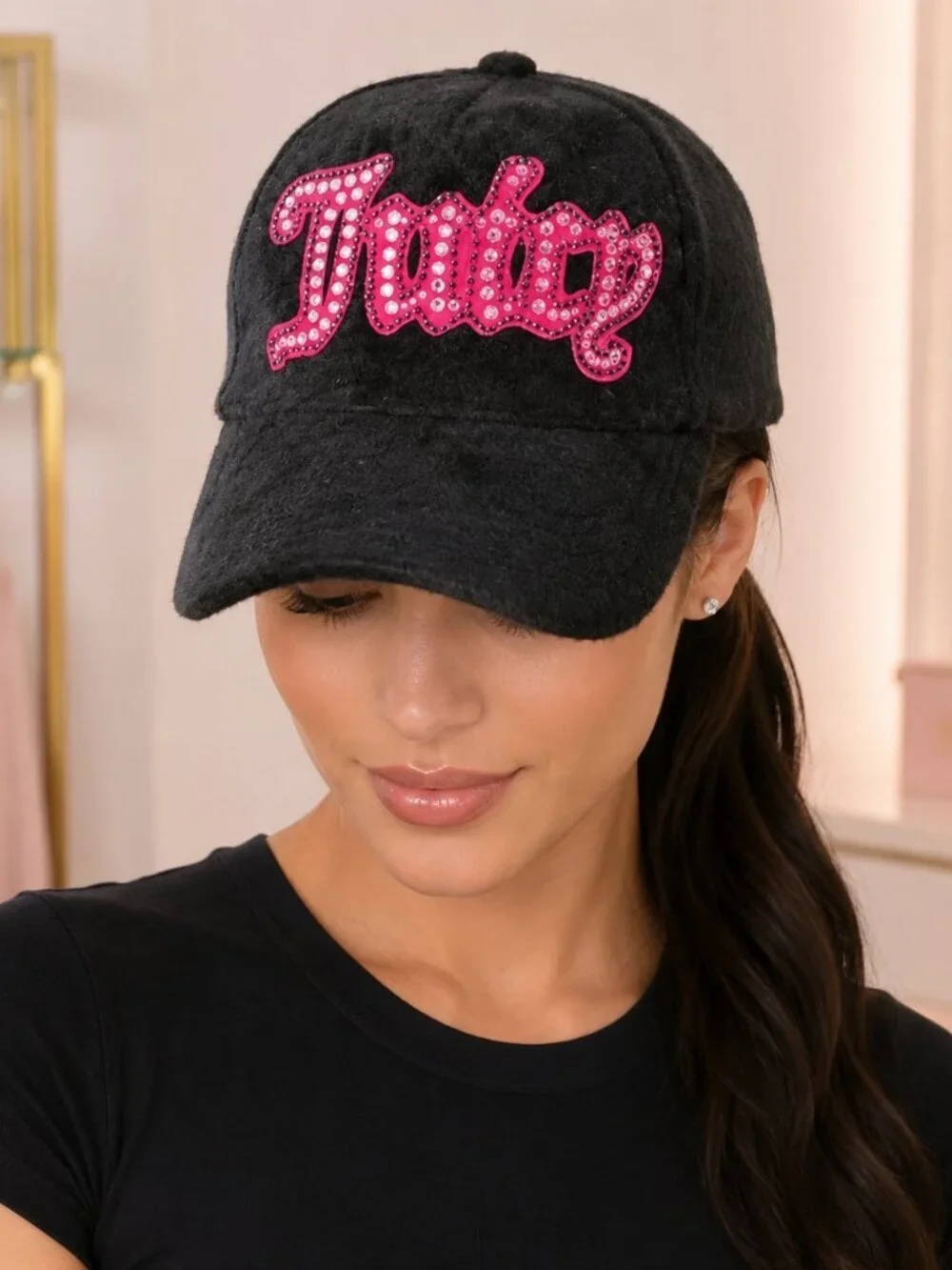 Juicy Couture Black Velour Baseball Cap Pink Rhinestone Logo NWT